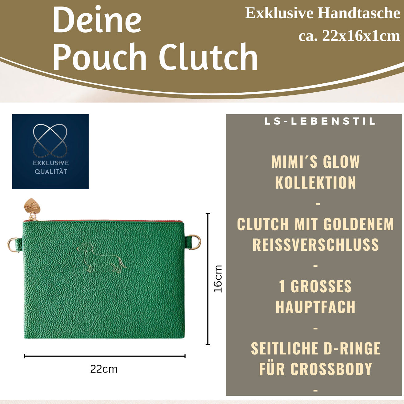 Mimi's Glow Lia Clutch Dackel 22cm Grün PU-Leder