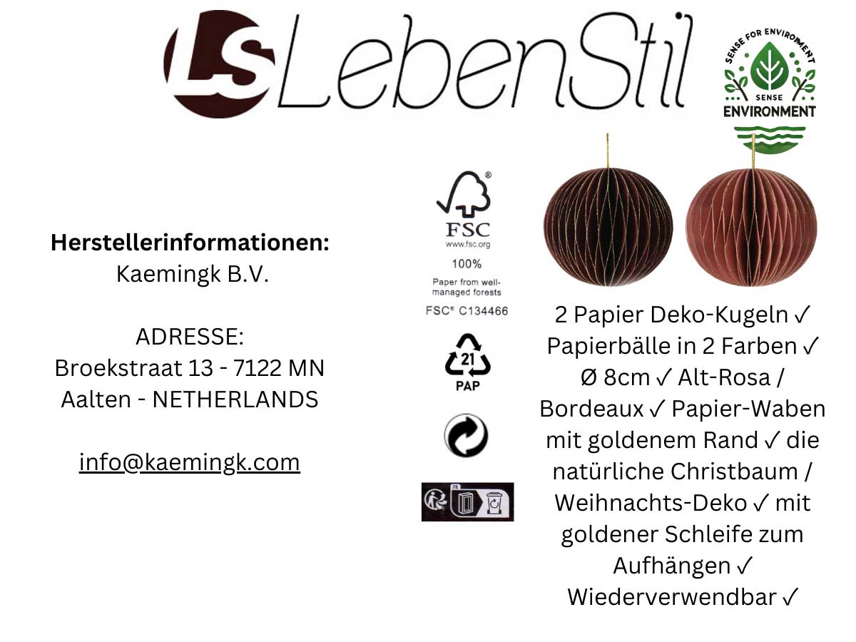 LS-LebenStil Wabenball Papierkugel 8cm Alt-Rosa Bordeaux 2er Set