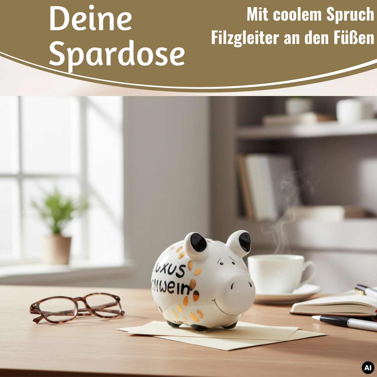LS-LebenStil Luxus Schwein Sparschwein 12,5cm weiß gold Keramik