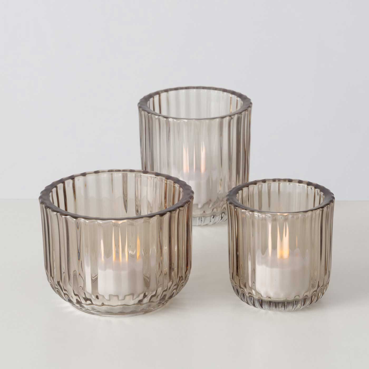 LS-LebenStil Teelichthalter Glas Retro Beige 3er Set 7-9cm