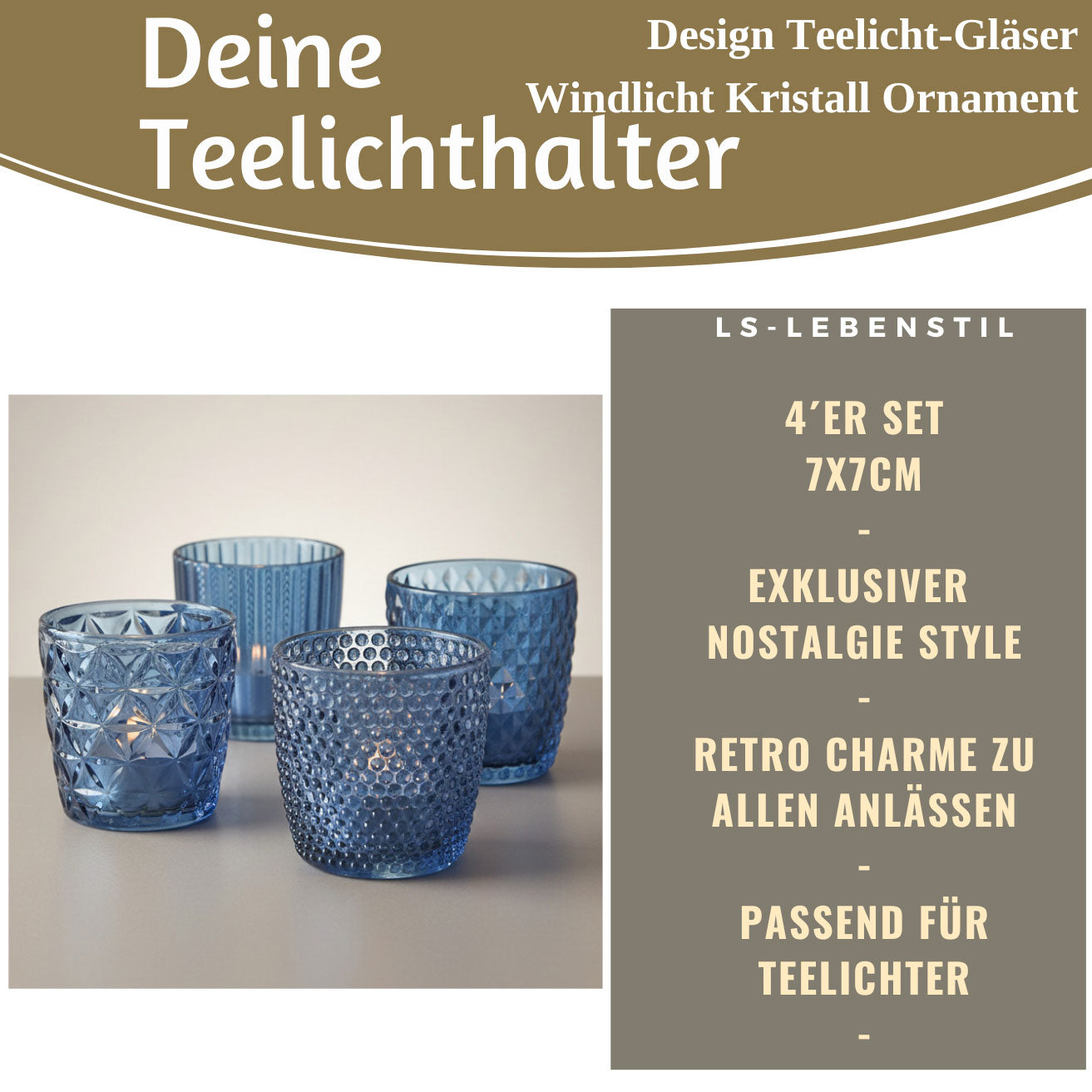 LS-LebenStil Küche & Haushalt 4er Teelichthalter Glas Retro Blau 7cm