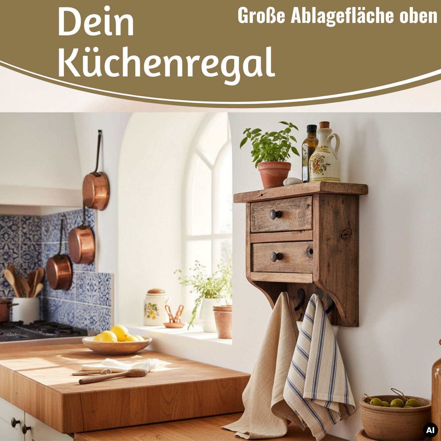 LS-LebenStil Dehli Wandregal Holz 25cm mit 2 Haken Braun