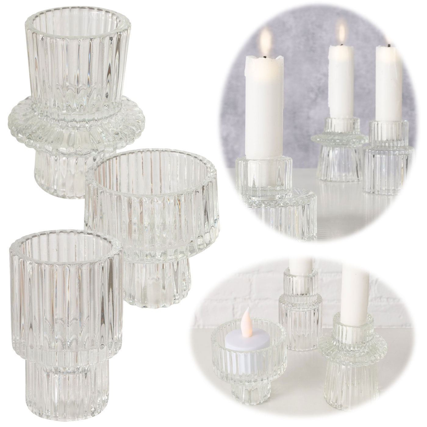LS-LebenStil Küche & Haushalt Kerzenständer Glas Klar 7cm 3er Set