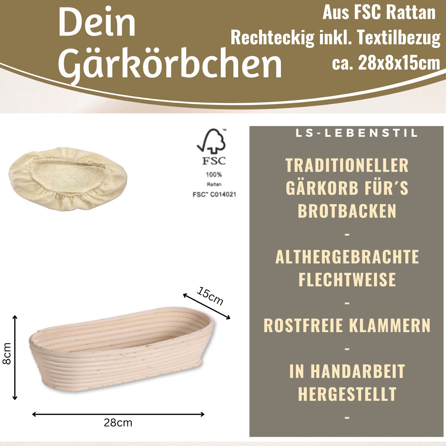 LS-LebenStil Küche Gärkorb Oval 28x15x8cm Peddigrohr mit Leinen