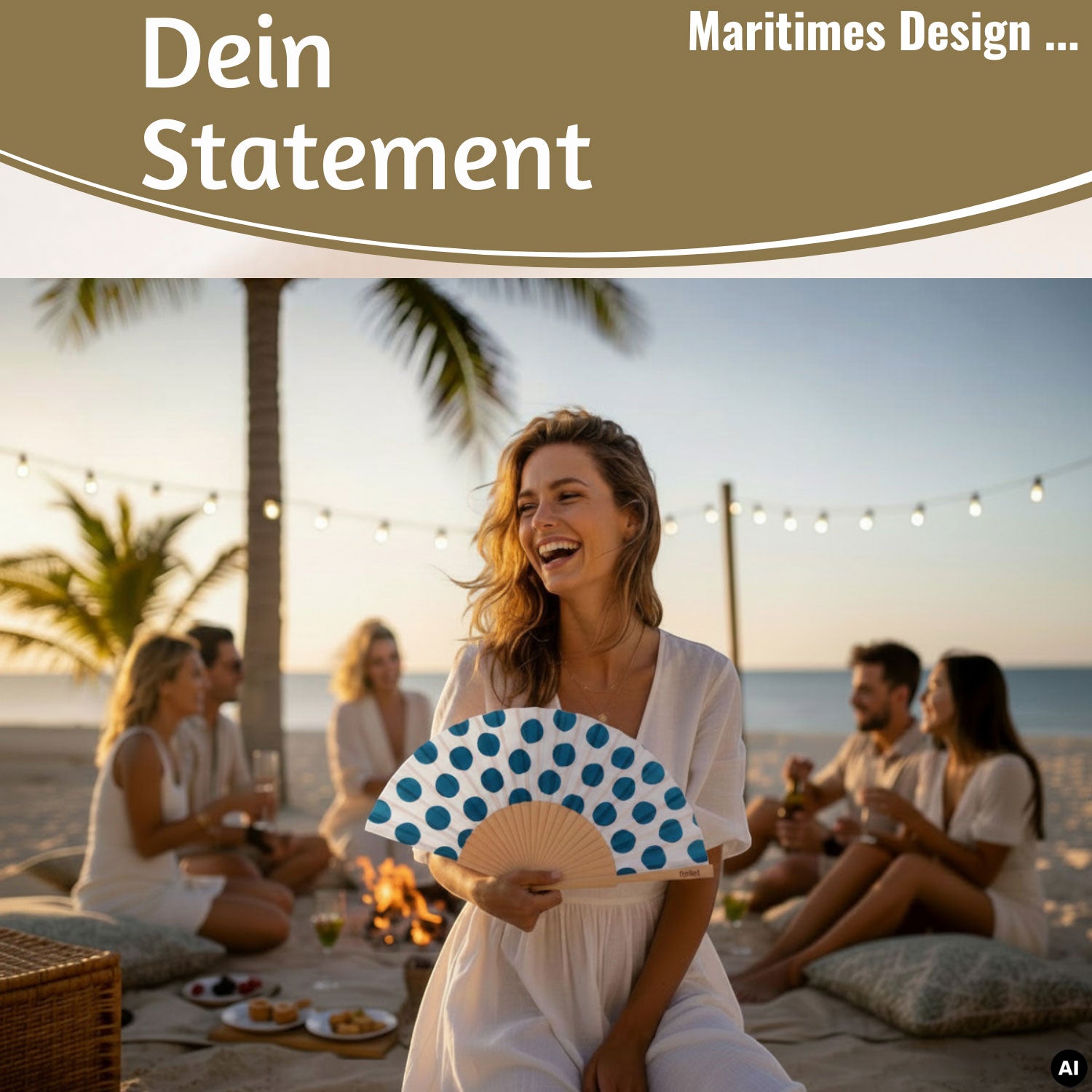 LS-LebenStil Handfächer Holz Stoff Punkte Weiß Blau faltbar