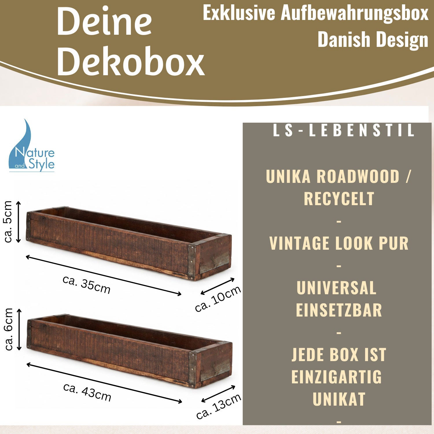 LS-LebenStil Unika Holz Aufbewahrungskiste Braun 2er Set recycelt