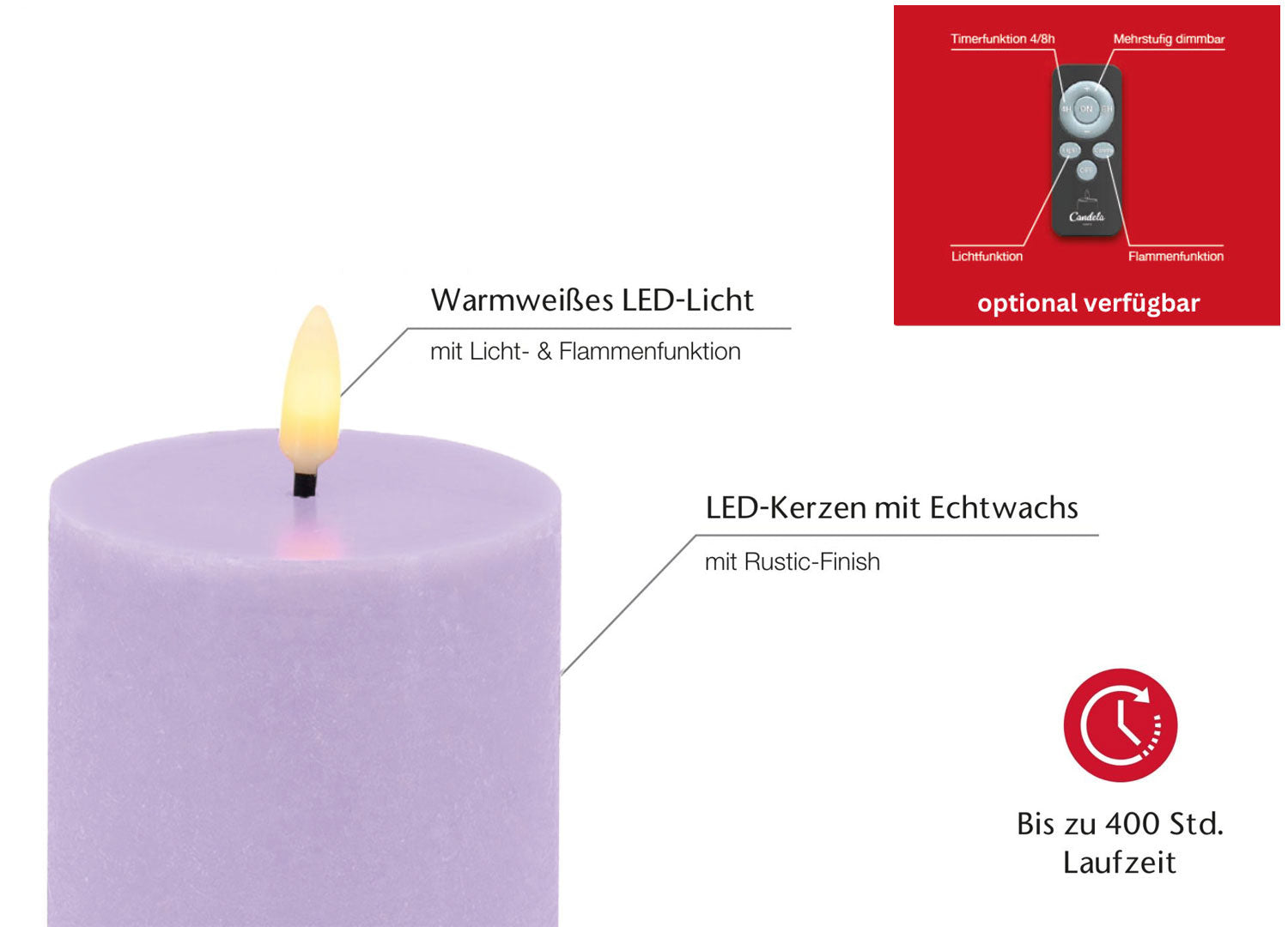 LS-LebenStil Ribe LED Stumpenkerze Lila 15x7,5cm Echtwachs