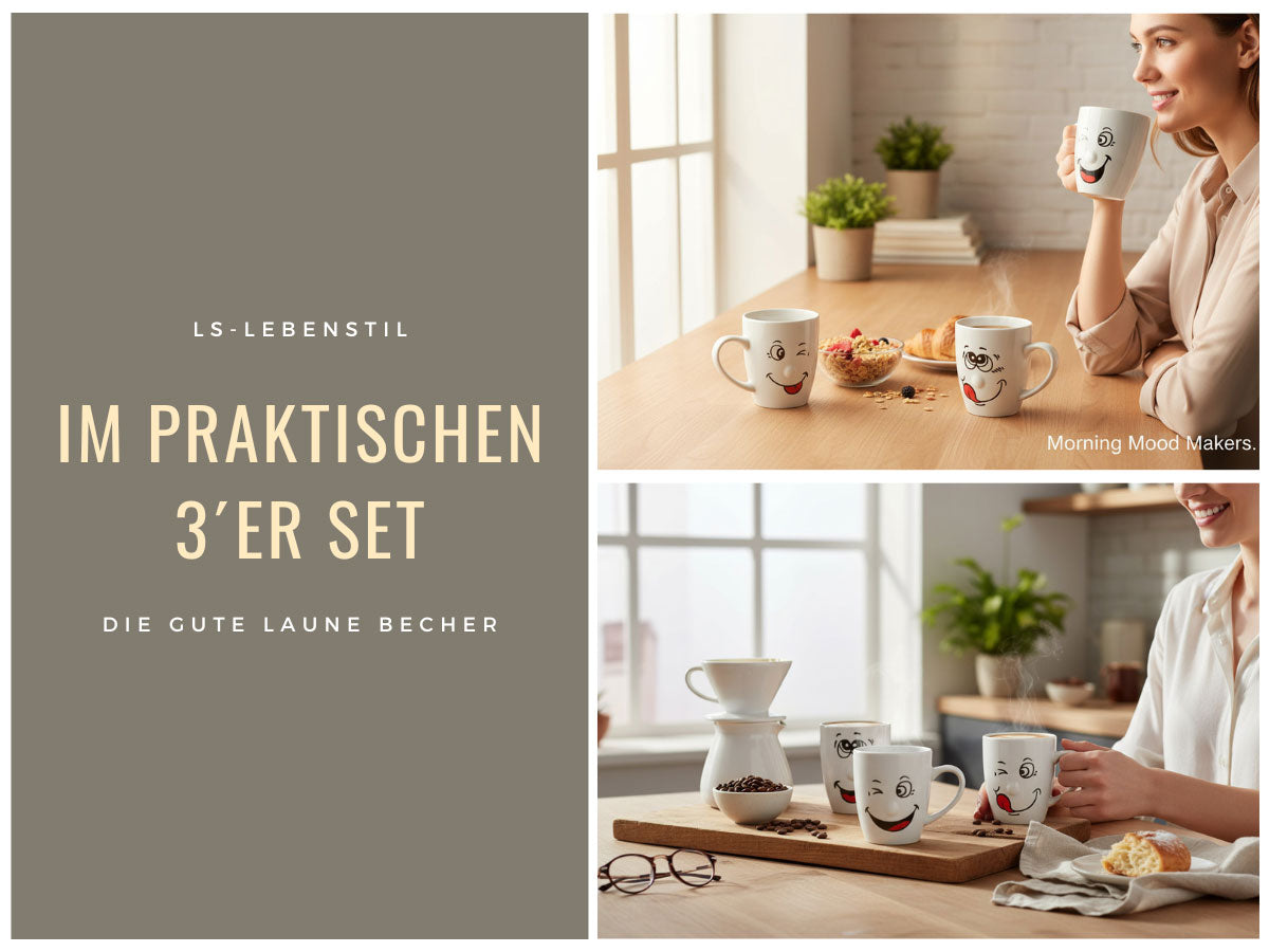 LS-LebenStil Smiley Kaffeebecher 300ml Set 3-tlg Weiß Henkel