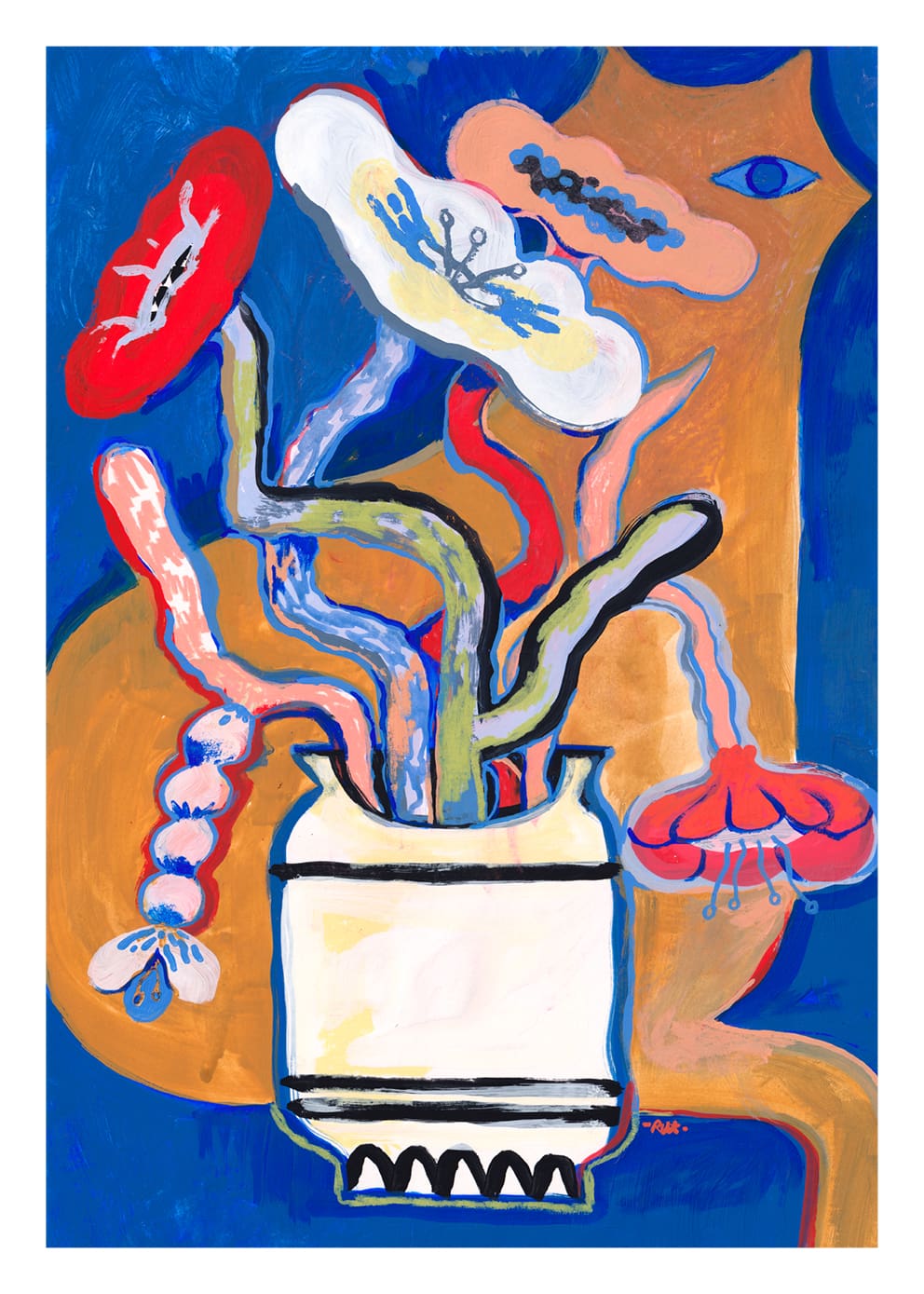 The Poster Club Art Prints Cat Cat Poster A4 Blau Gelb