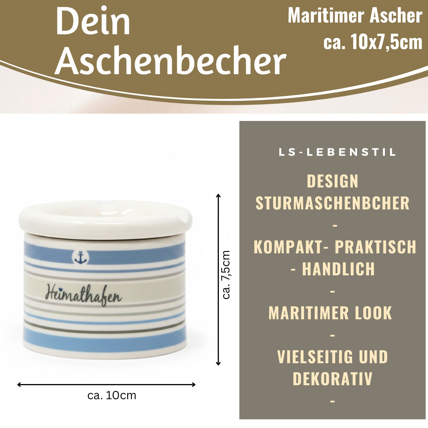 LS-LebenStil Heimathafen Sturmaschenbecher 10x7,5cm Weiß Blau