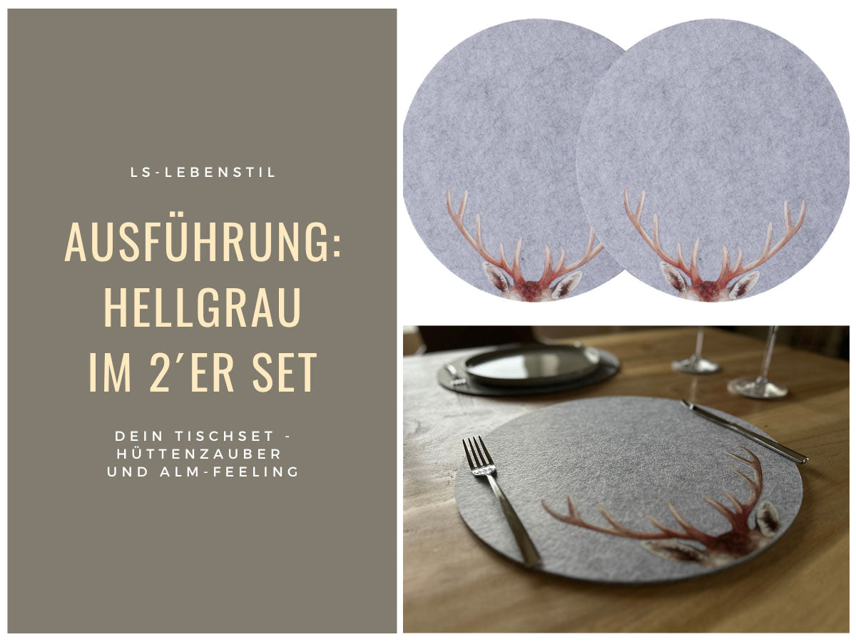 LS-LebenStil Tischset Filz Hirschgeweih Hellgrau 38cm 2er Set