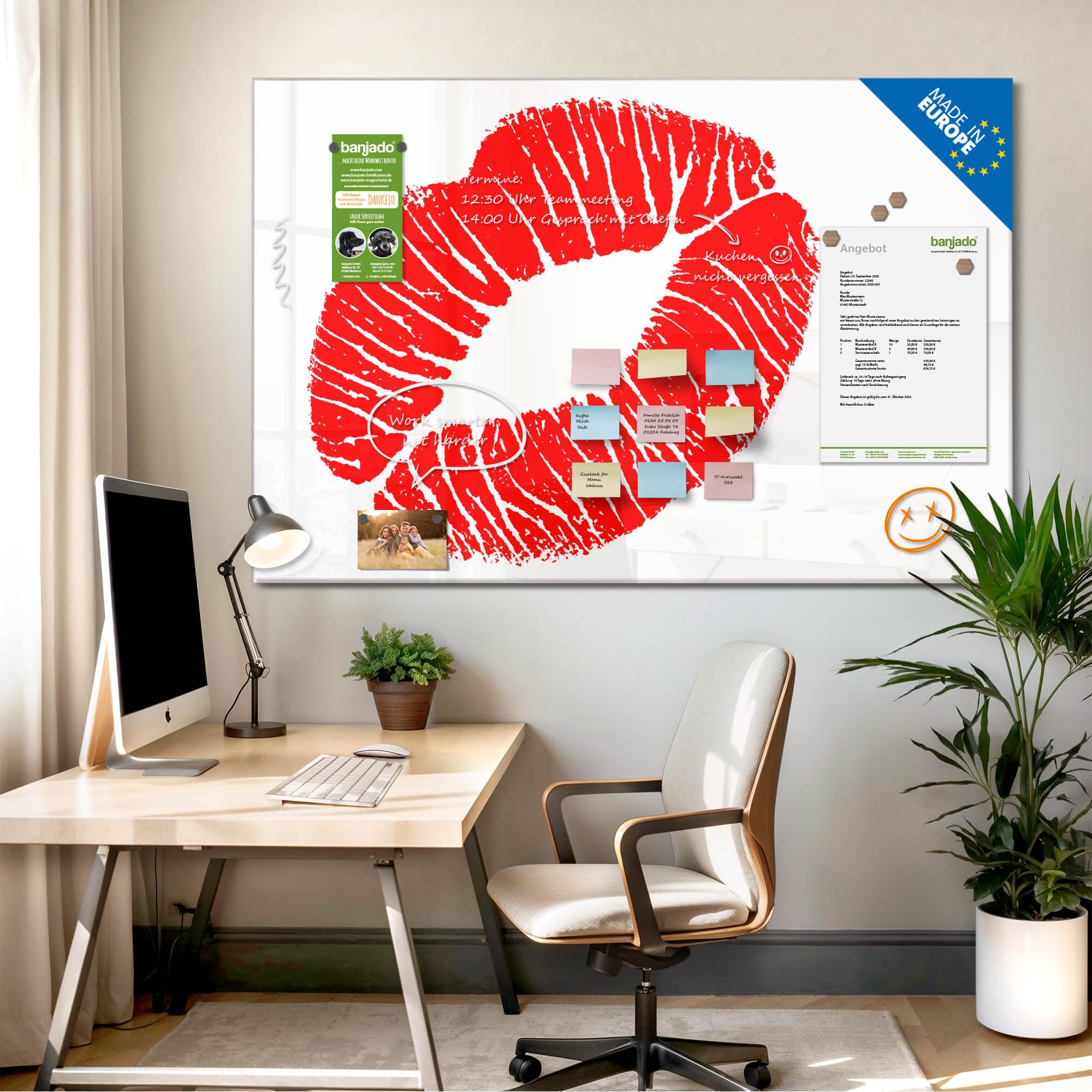 Banjado Magnettafel Kussmund Glas-Magnettafel 120x80 cm Herz