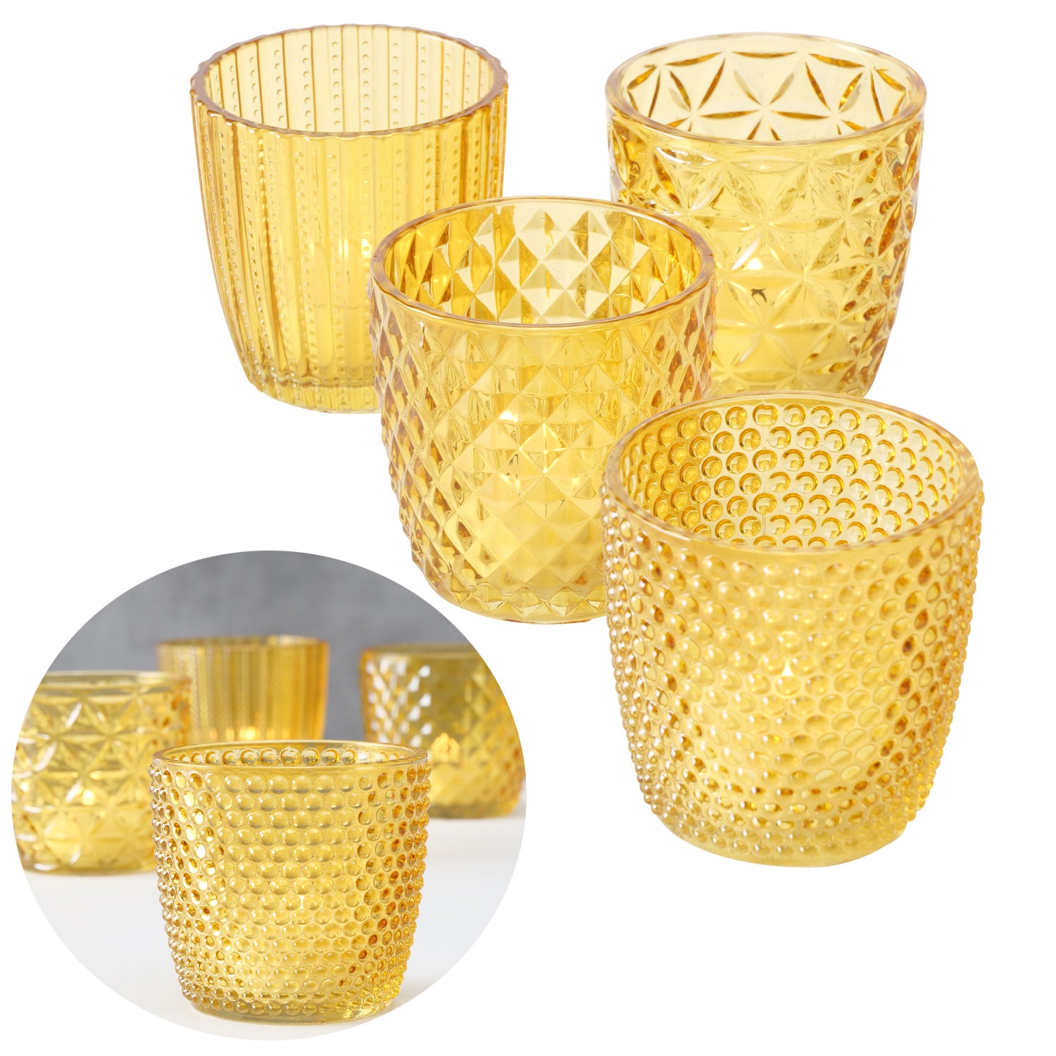 LS-LebenStil Küche & Haushalt Teelichthalter Glas Gelb 7cm 4er Set
