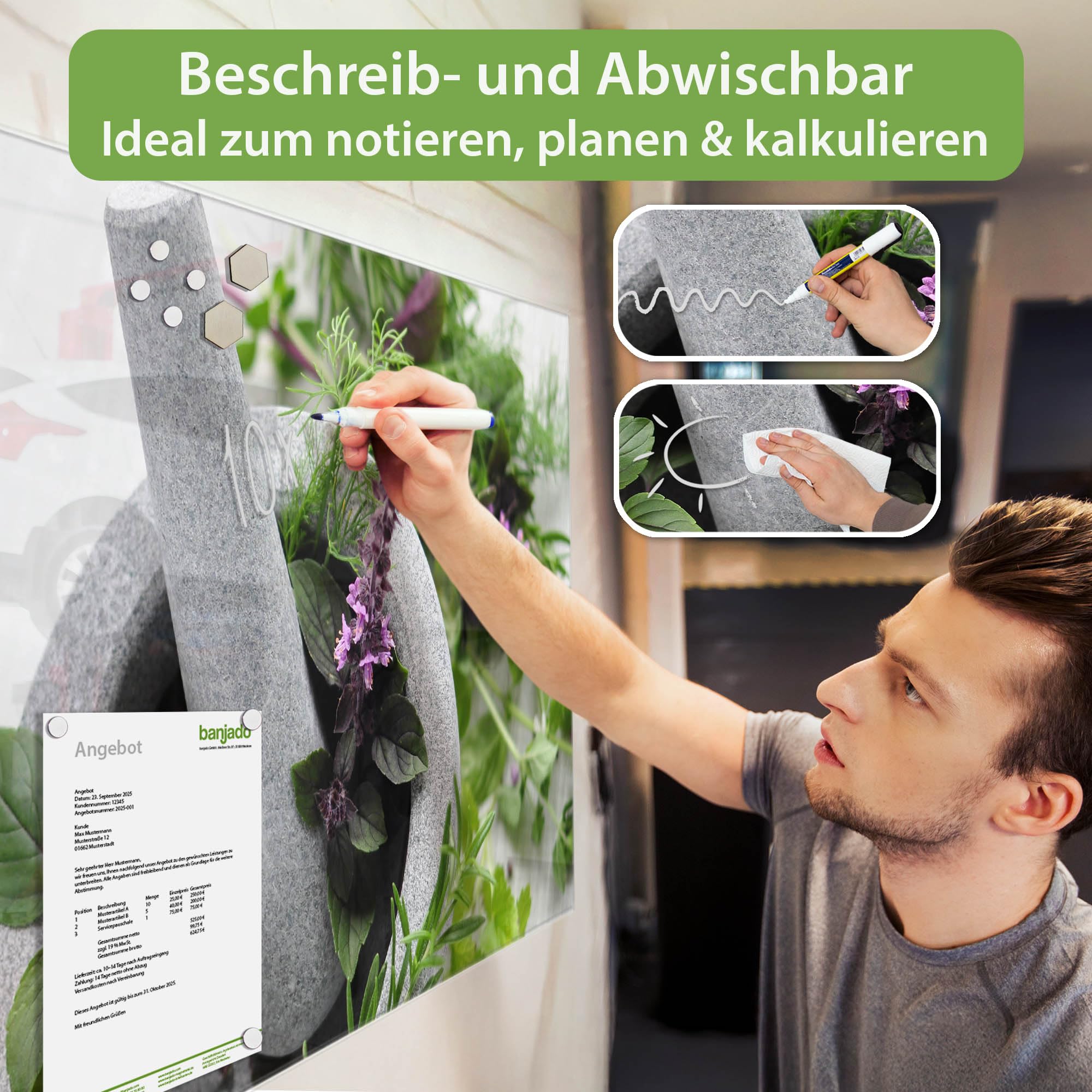 Banjado Magnettafel Kräuter Glasboard Küche 120x80 cm