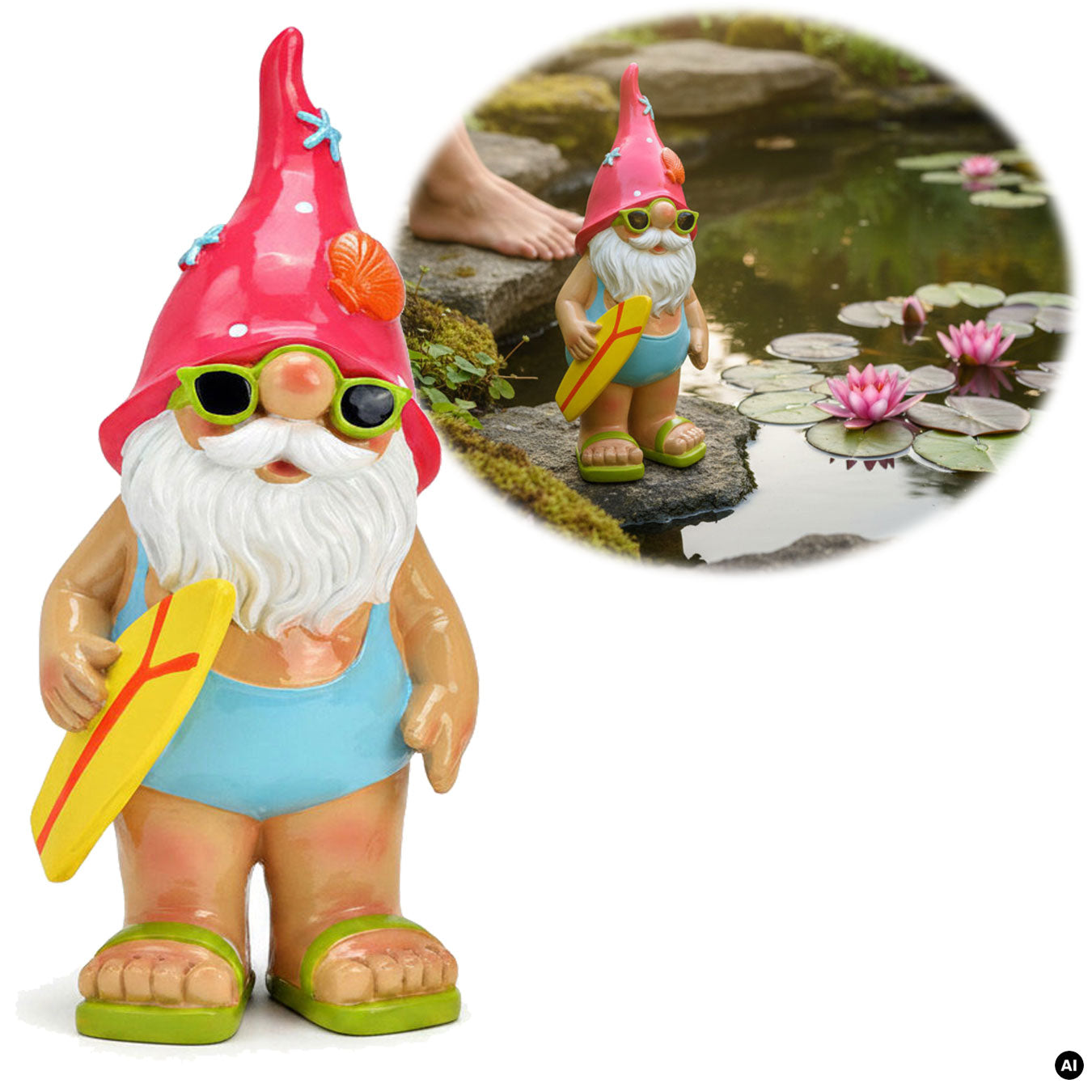 LS-LebenStil Freddy Gartenzwerg 23cm Surfer Gnom Gartenfigur
