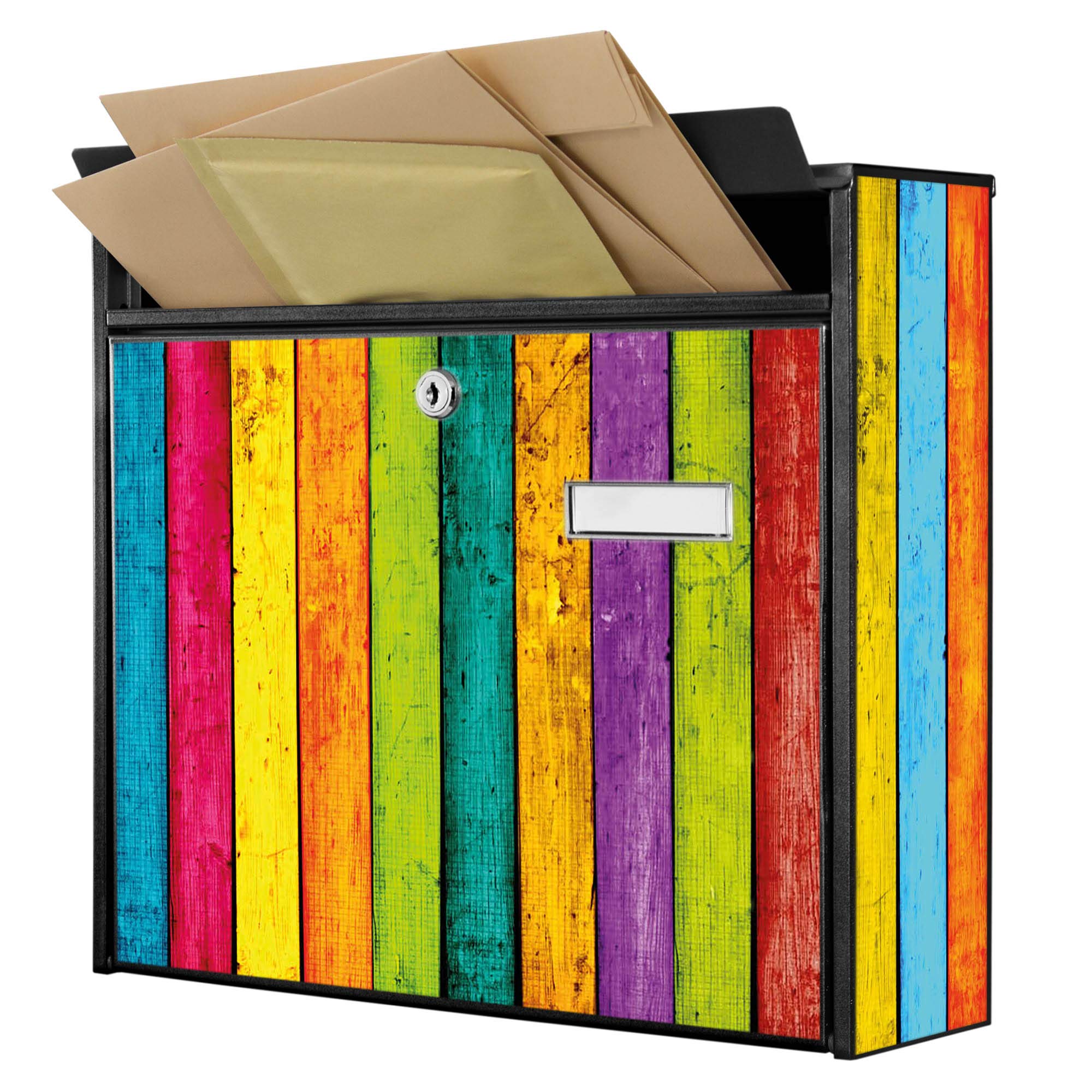 Banjado Briefkasten Bunte Holzlatten Schwarz A4 ohne Zeitungsfach
