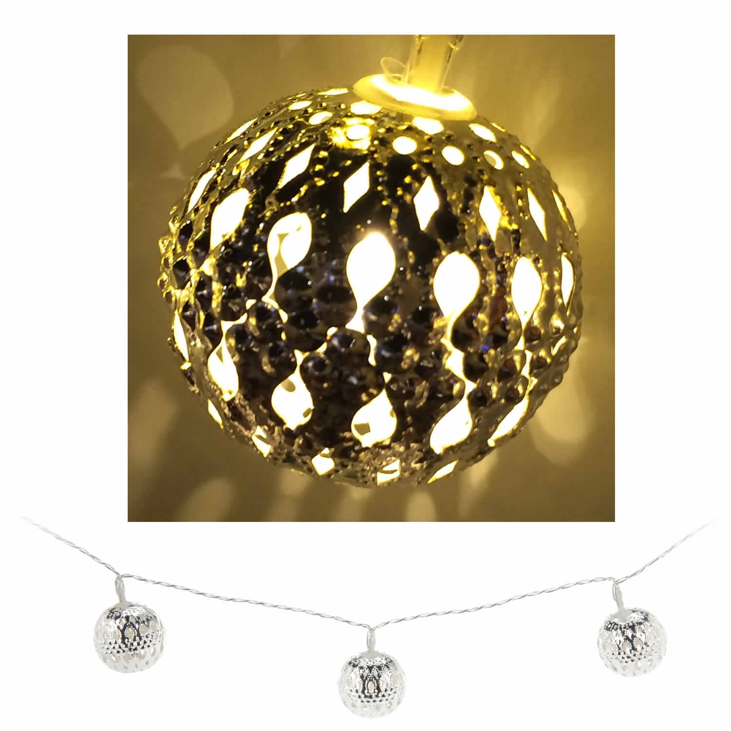LS-LebenStil Möbel & Wohnen Lichterkette Silber 10 Kugeln WarmWeiß
