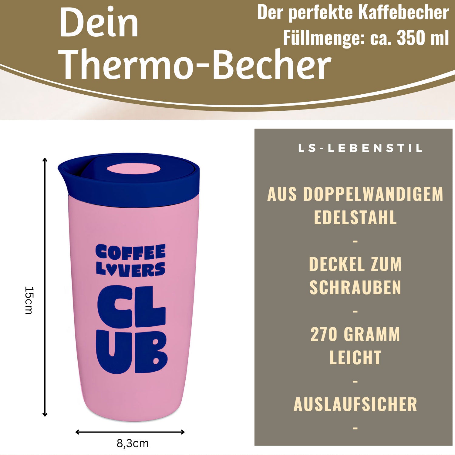 Thermobecher Edelstahl 350ml Coffee Lovers Pink Auslaufsicher