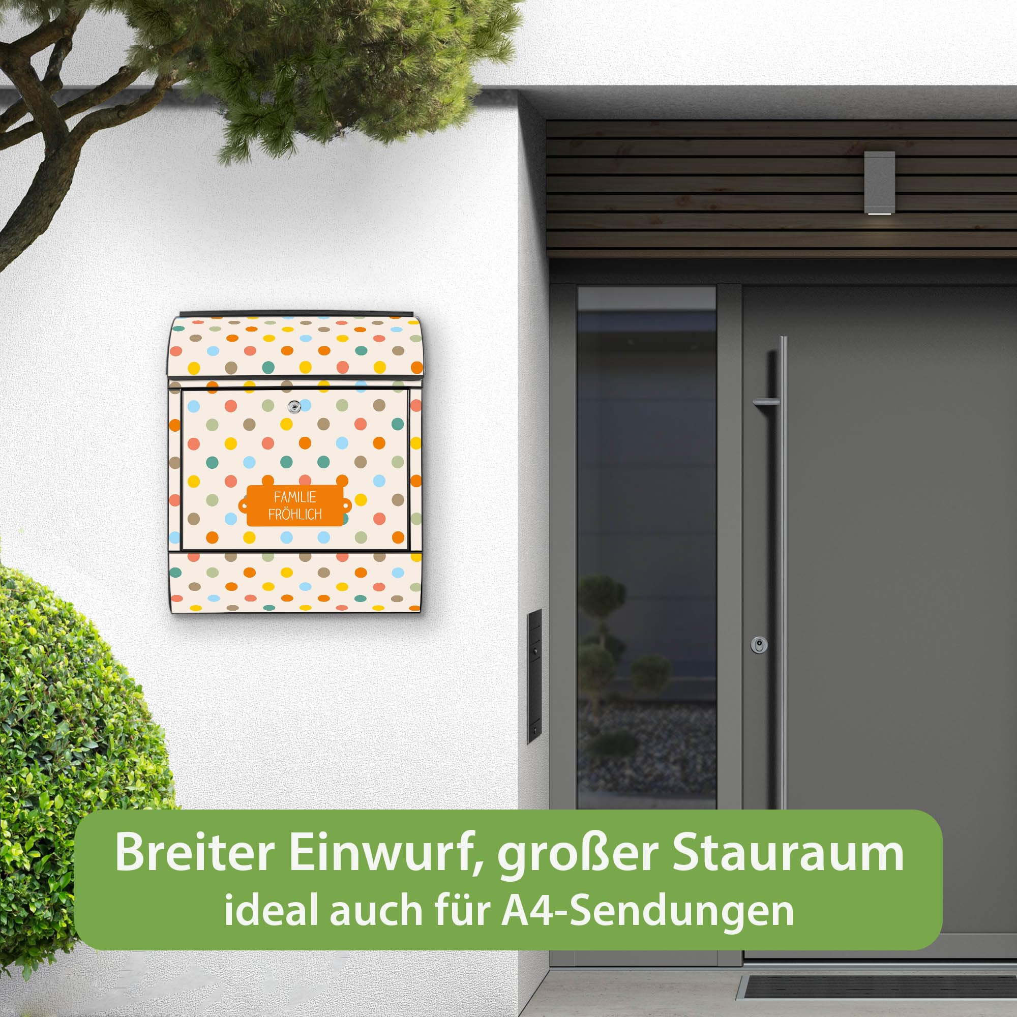 Banjado Briefkasten Bunte Punkte Postkasten Schwarz mit Name A4