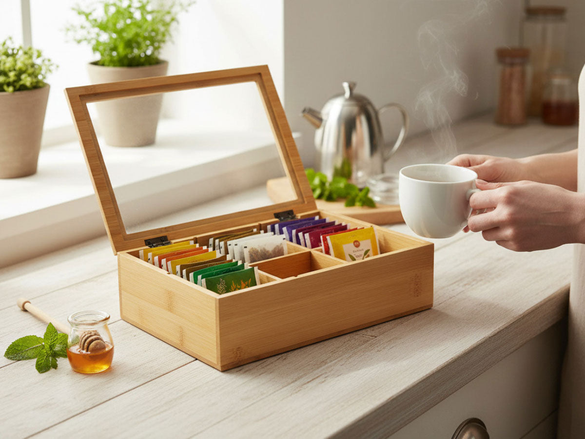 LS-LebenStil Teebox Bambus Holzbox 6 Fächer mit Deckel