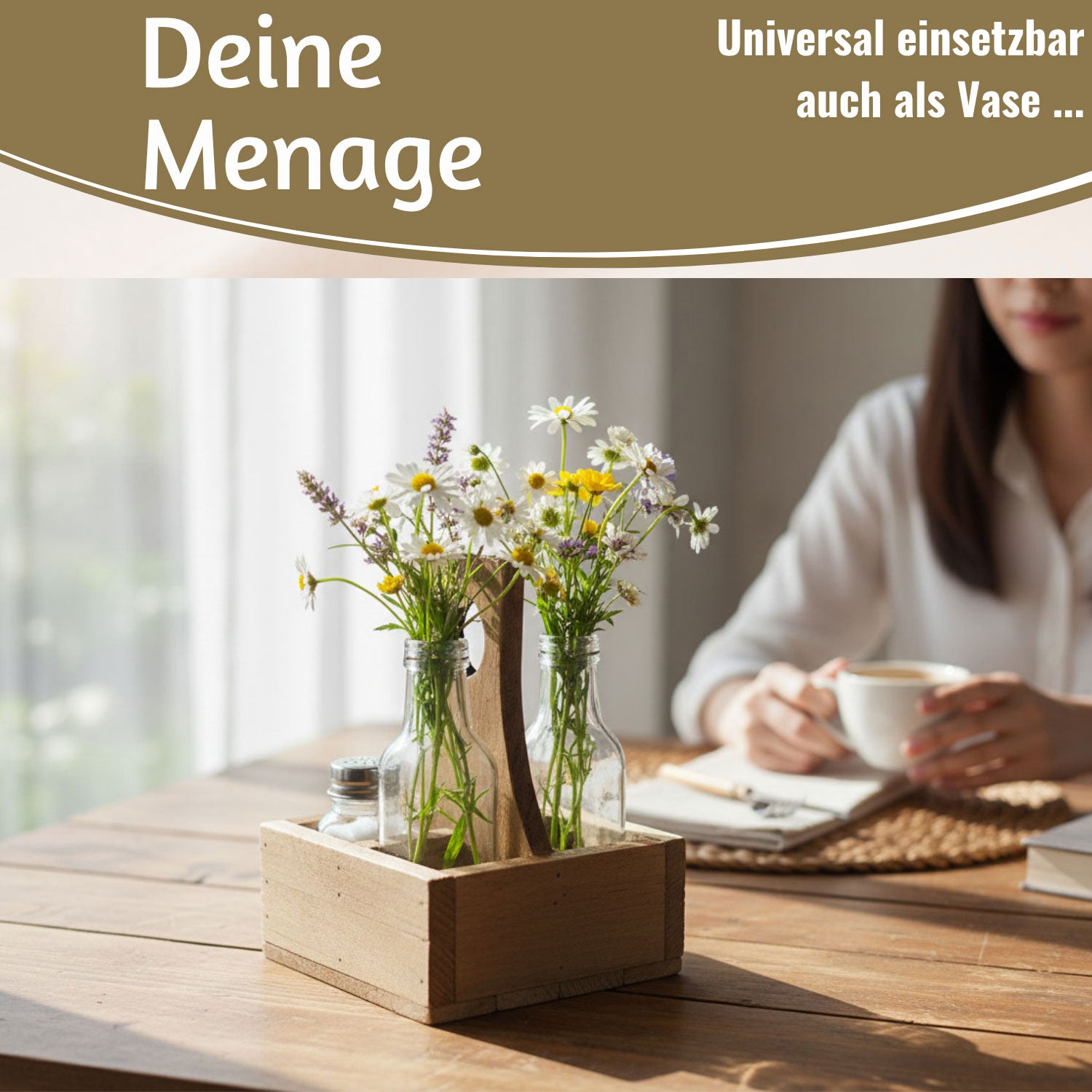 Holz Menage Essig-Öl-Spender Set 5-teilig 200ml mit Streuern