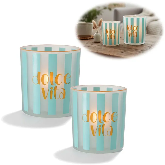 LS-LebenStil Dolce Vita Teelichthalter Glas 2er Türkis Gold