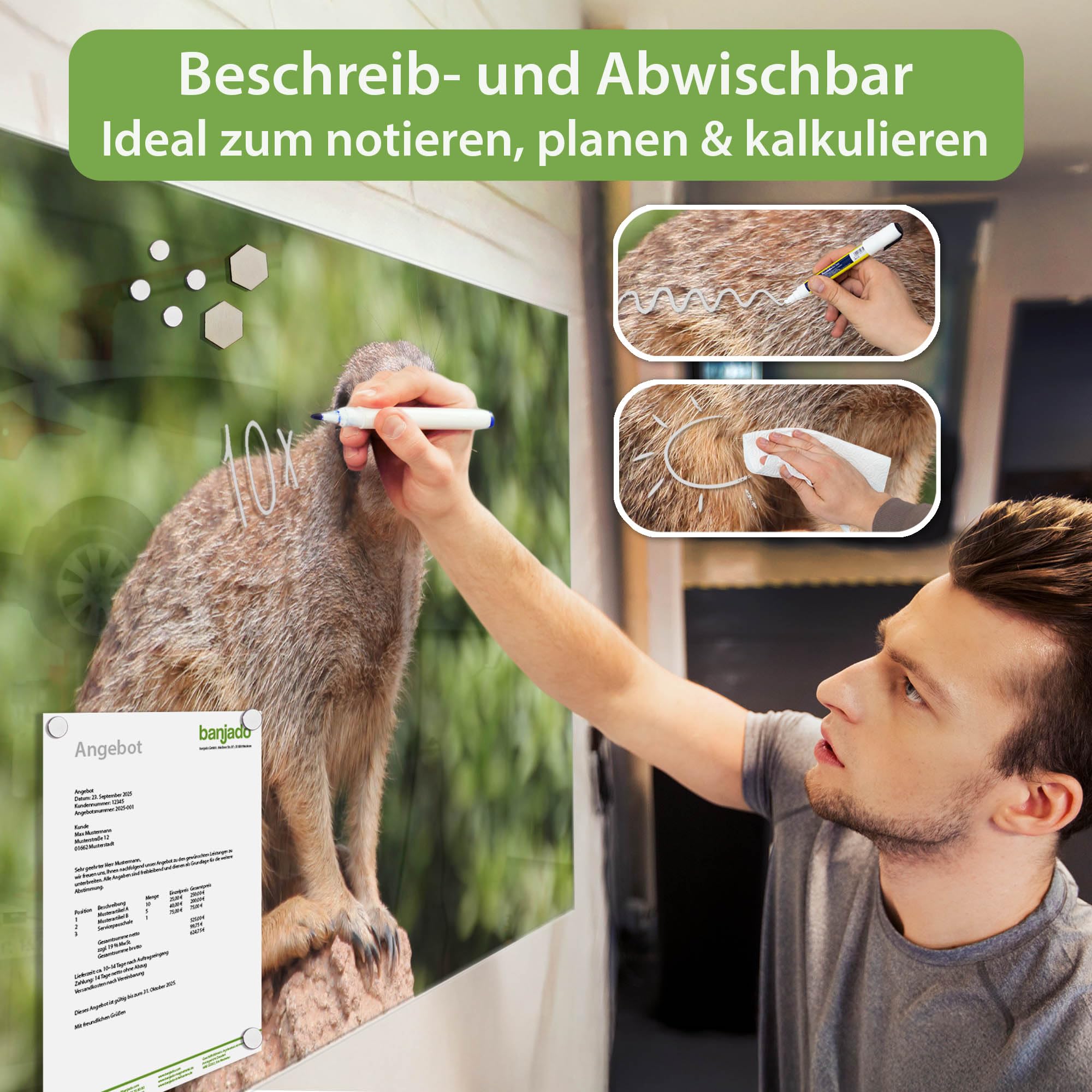 Banjado Magnettafel Erdmännchen 120x80 cm Glas beschreibbar