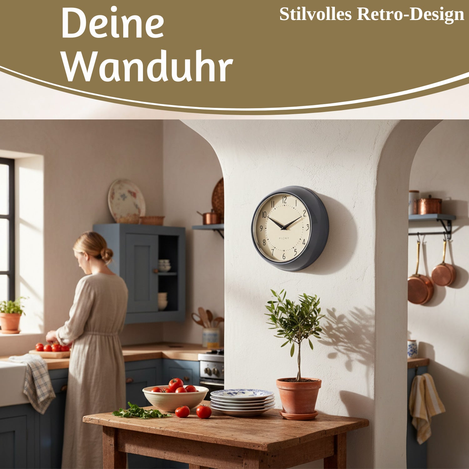 LS-LebenStil Wanduhr Metall Grau 23cm Retro Küchenuhr