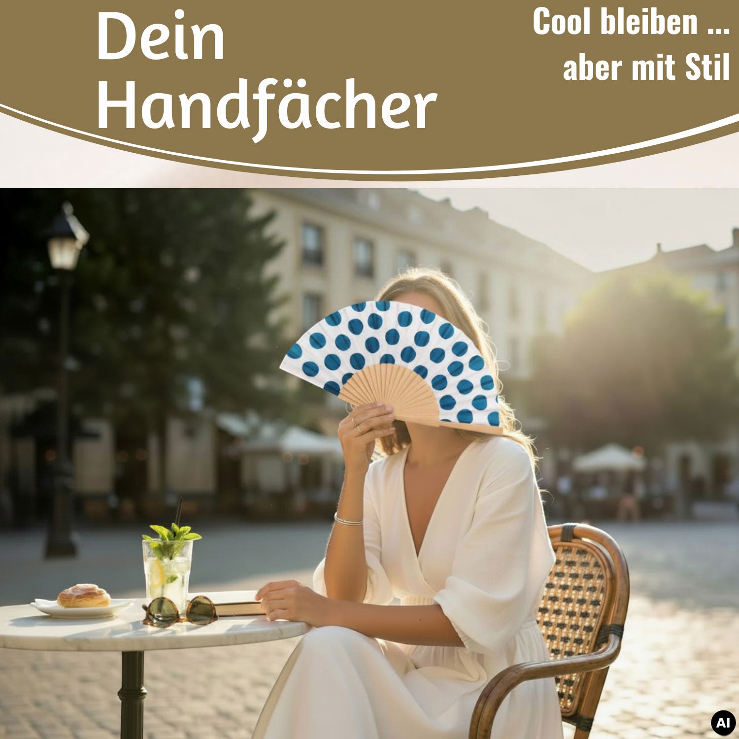 LS-LebenStil Handfächer Holz Stoff Punkte Weiß Blau faltbar