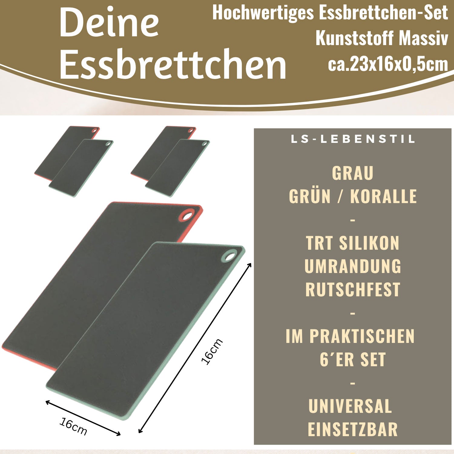 LS-LebenStil Essbrettchen 6er Set Kunststoff grau 23x16cm