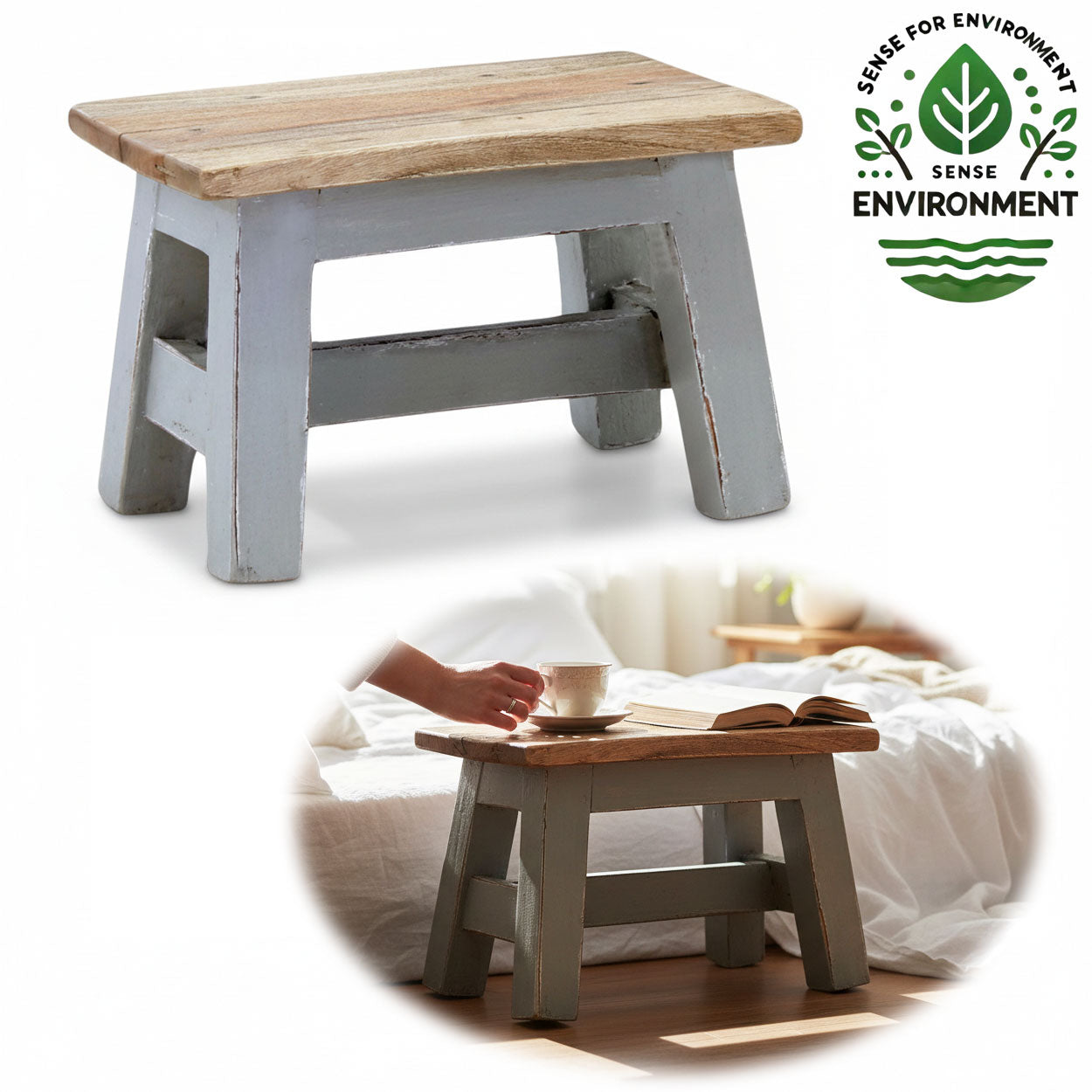 LS-LebenStil Fußhocker Holz Grau 30cm Tritthocker Schemel