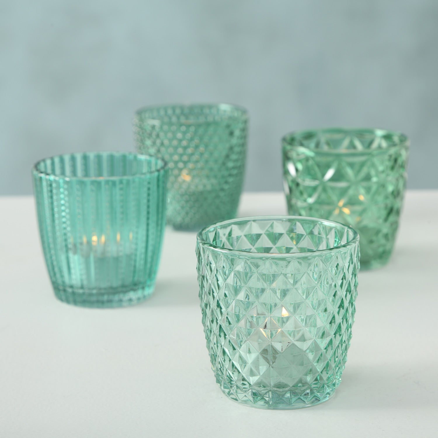 LS-LebenStil Teelichthalter Glas Retro Petrol 7cm 4er Set