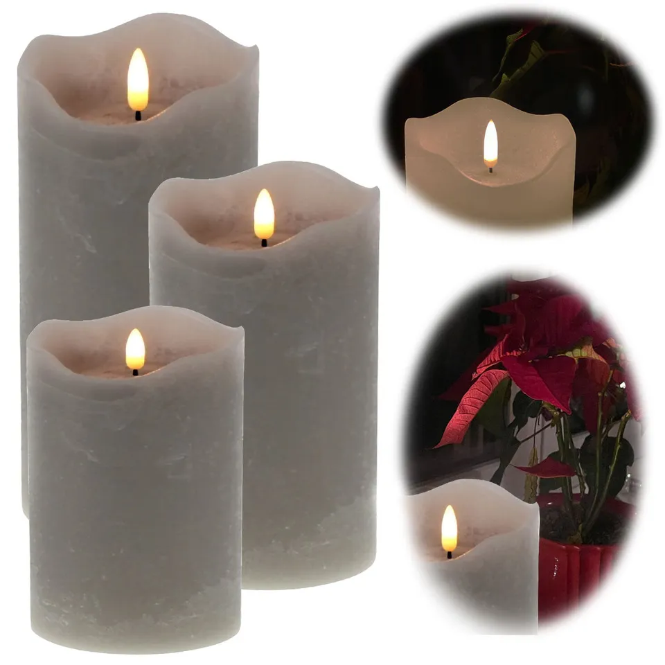 LS-LebenStil LED 3D Stumpenkerze Echtwachs Grau 3er Set