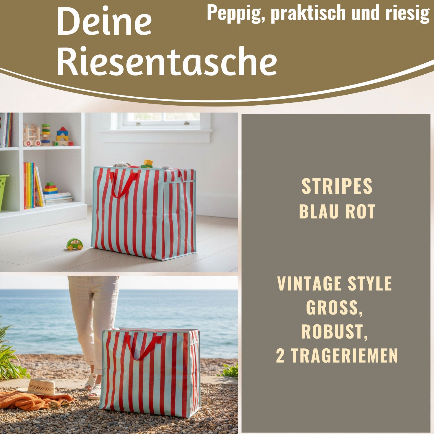 LS-LebenStil Shopper Jumbo Bag XXL Blau Rot 55cm Streifen