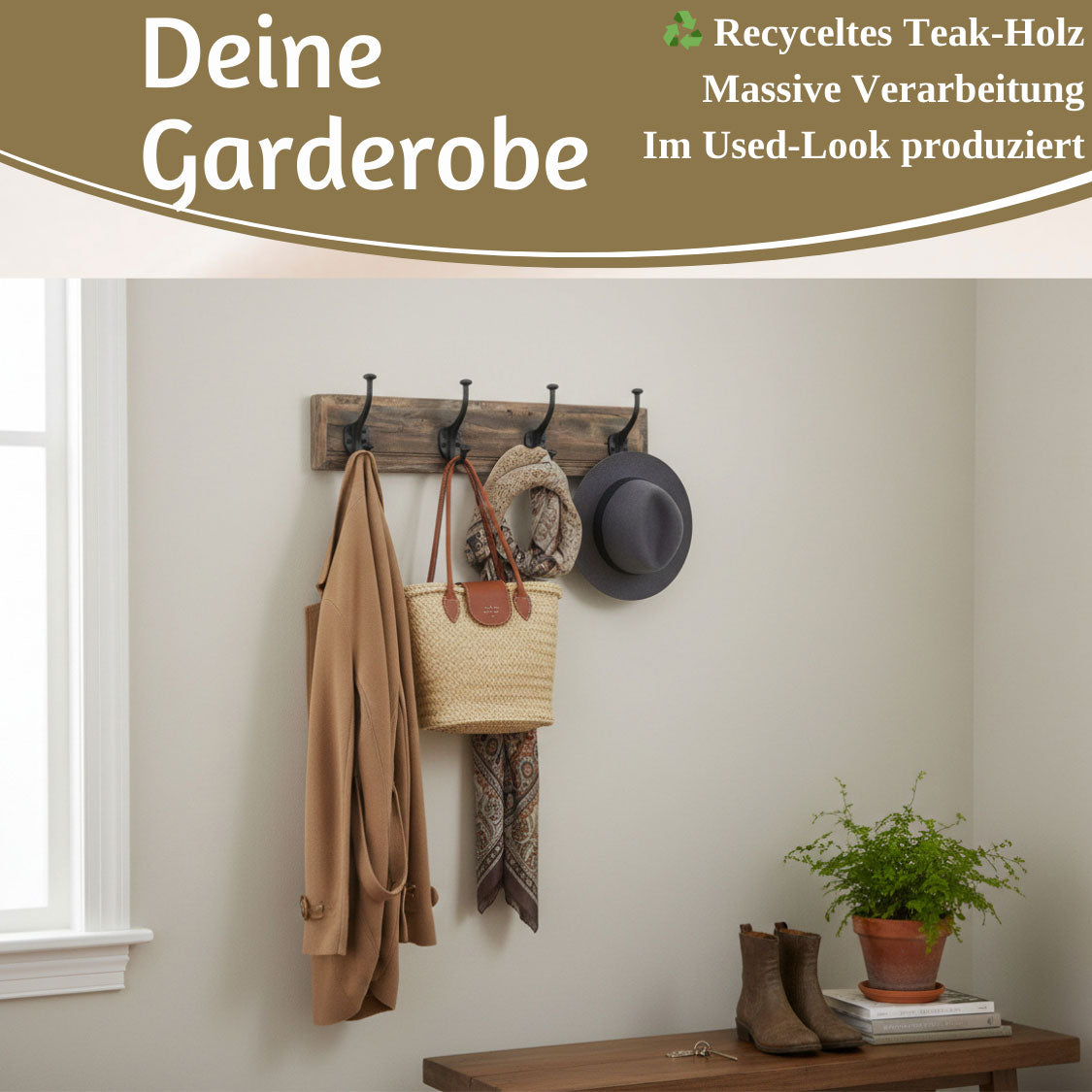 LS-LebenStil Dehli Wandgarderobe Teak Braun 50cm 4 Haken
