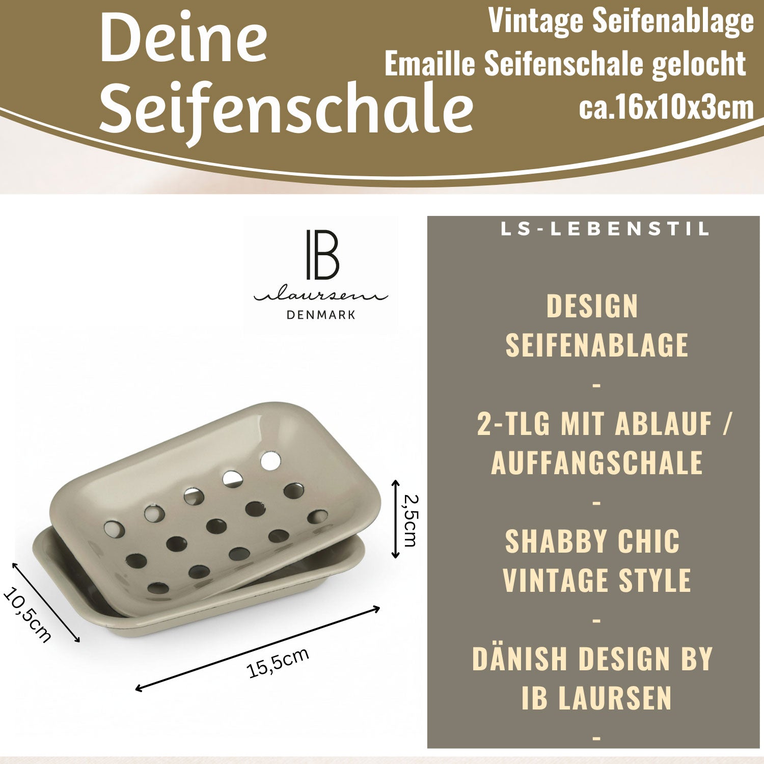 Ib Laursen Altum Seifenschale Emaille beige 15cm mit Ablauf 2-tlg