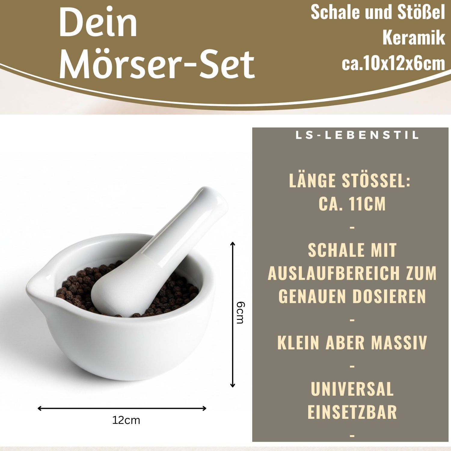 LS-LebenStil Küche & Haushalt Mörser mit Stößel Weiß Keramik Ø12cm