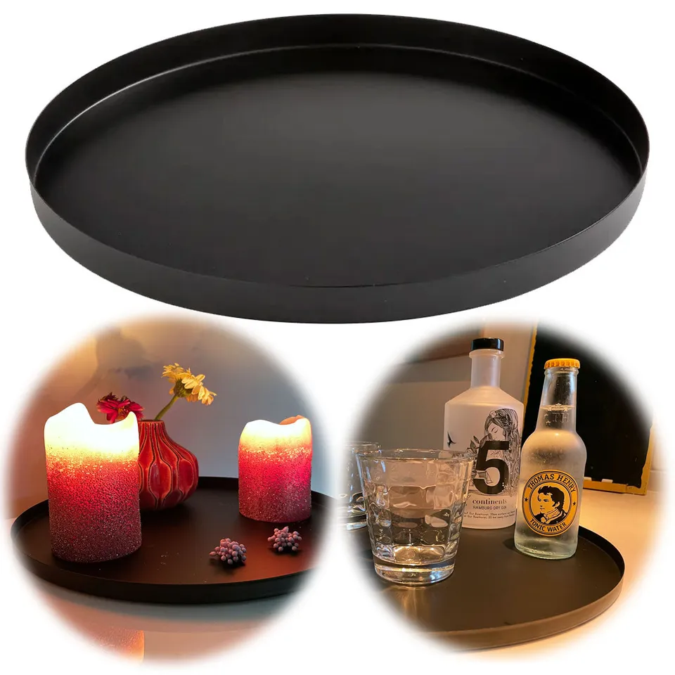 LS-LebenStil Amrum Deko Tablett Rund 35cm Metall Schwarz Matt