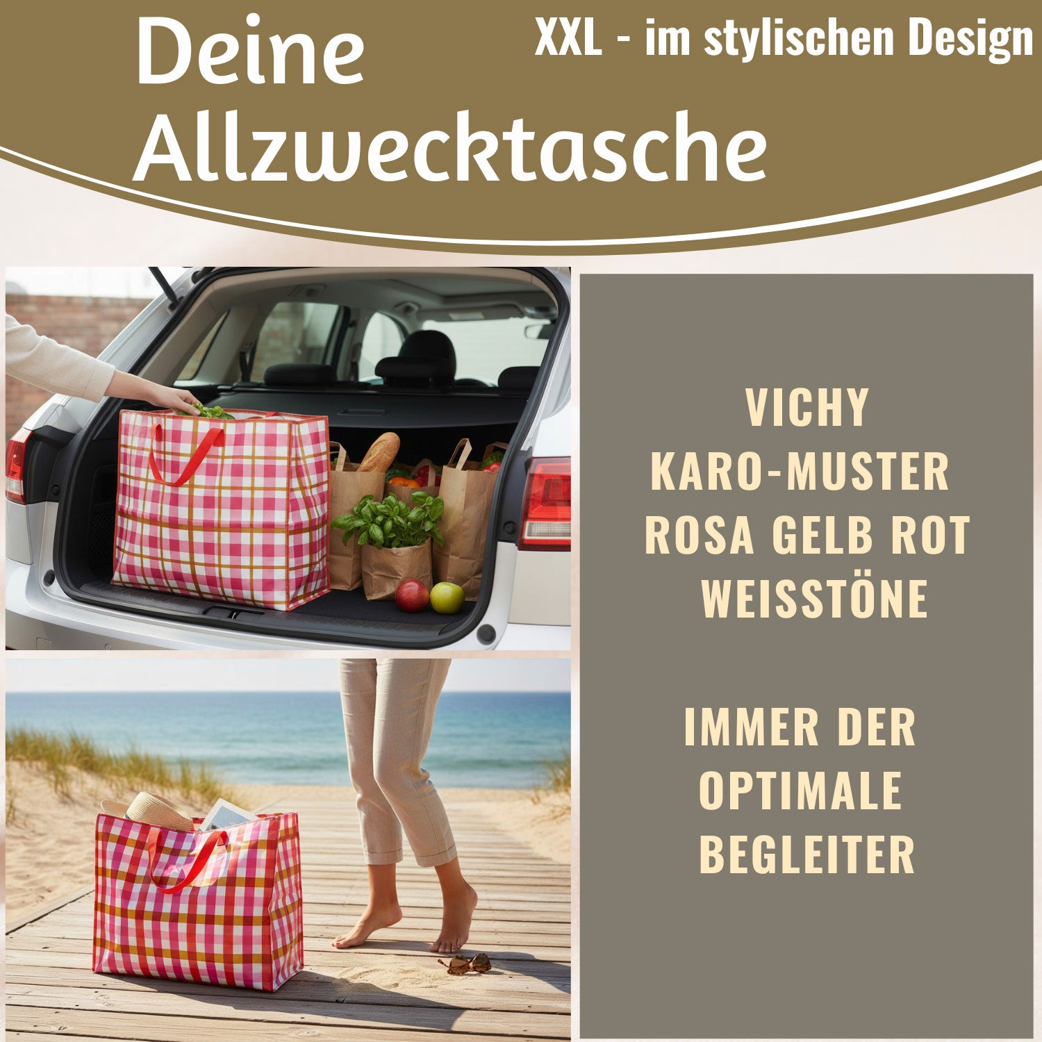 LS-LebenStil Shopper Jumbo Bag Karo Rosa Gelb Rot 55cm