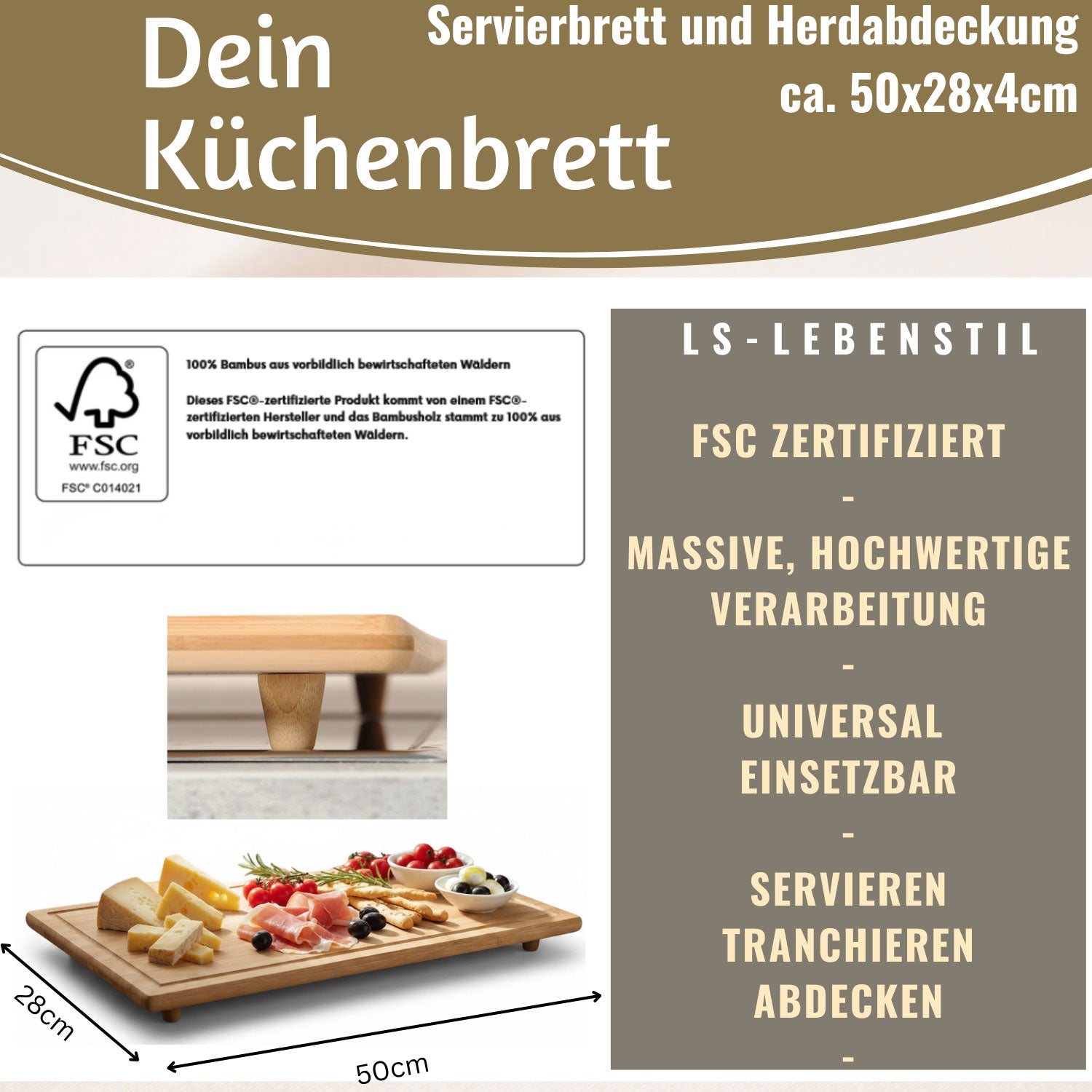 LS-LebenStil Küche & Haushalt Schneidebrett Bambus 50x28cm