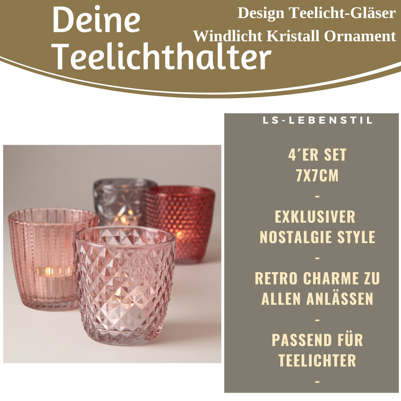 LS-LebenStil Retro Glas Teelichthalter Rosa 7cm 4er Set
