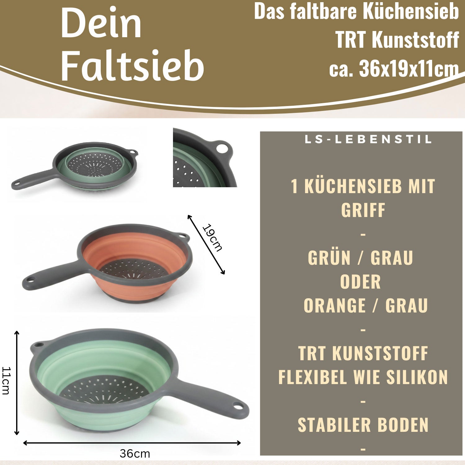 LS-LebenStil Küche & Haushalt Abtropfsieb Faltbar 36x19cm Griff