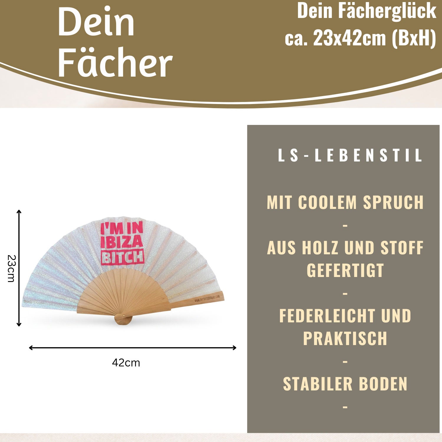 LS-LebenStil Shopper & Taschen Ibiza Bitch Fächer weiß silber 23x42cm