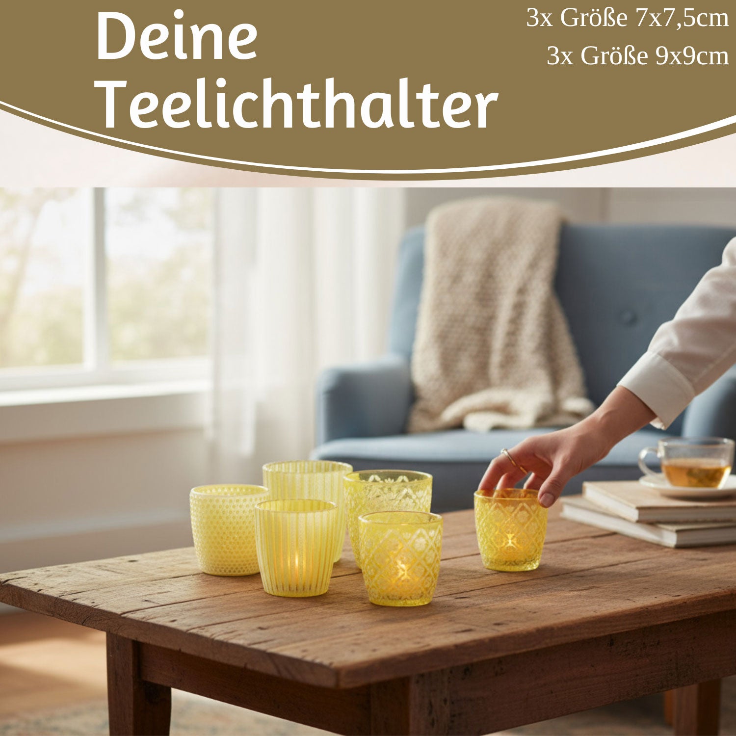 Boltze Teelichthalter Glas Retro gelb 7-9cm 6er Set Windlicht