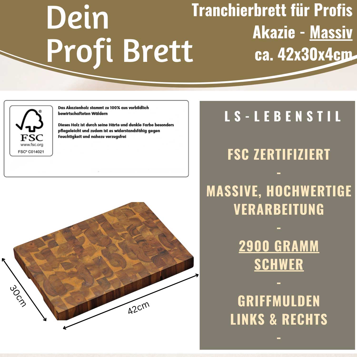 LS-LebenStil Schneidebrett Stirnholz Akazie 42cm XL