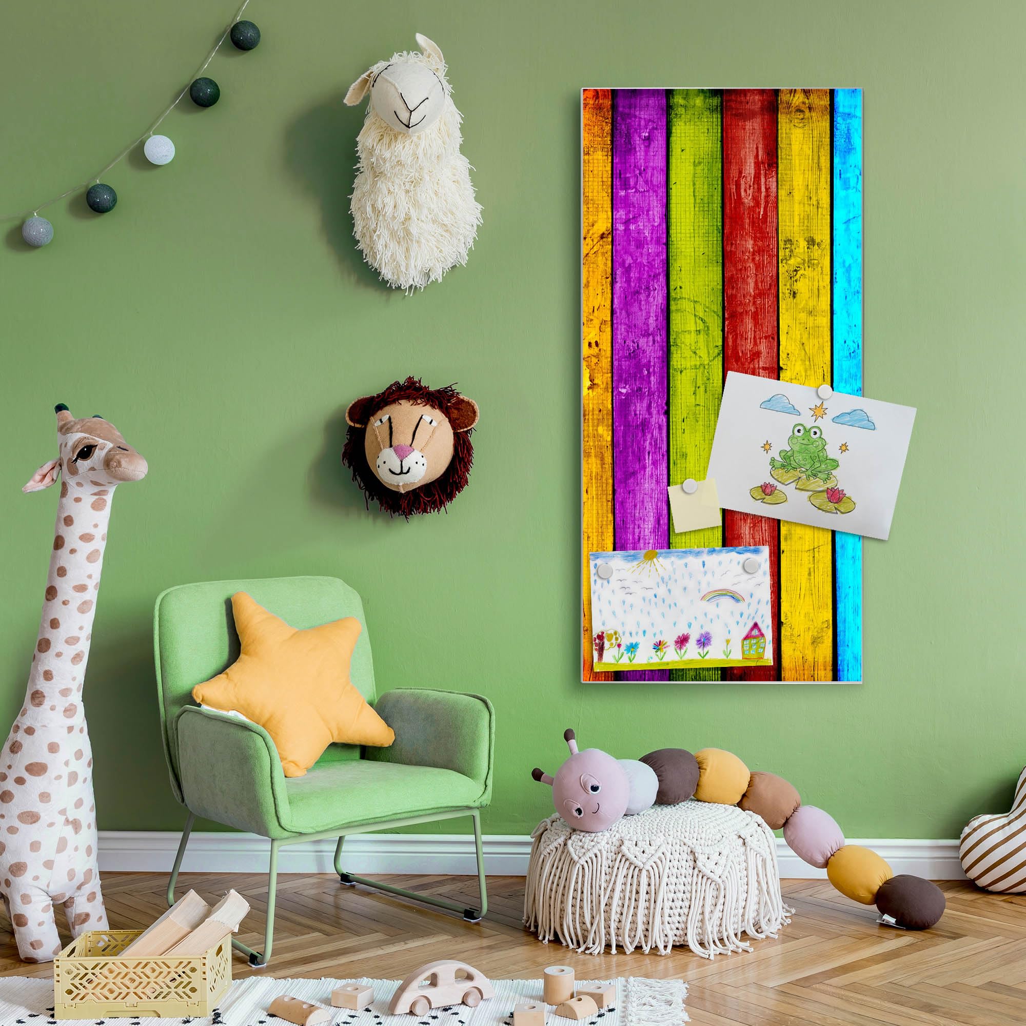Banjado Magnettafel Bunte Holzlatten Memoboard 37x78 cm Silber