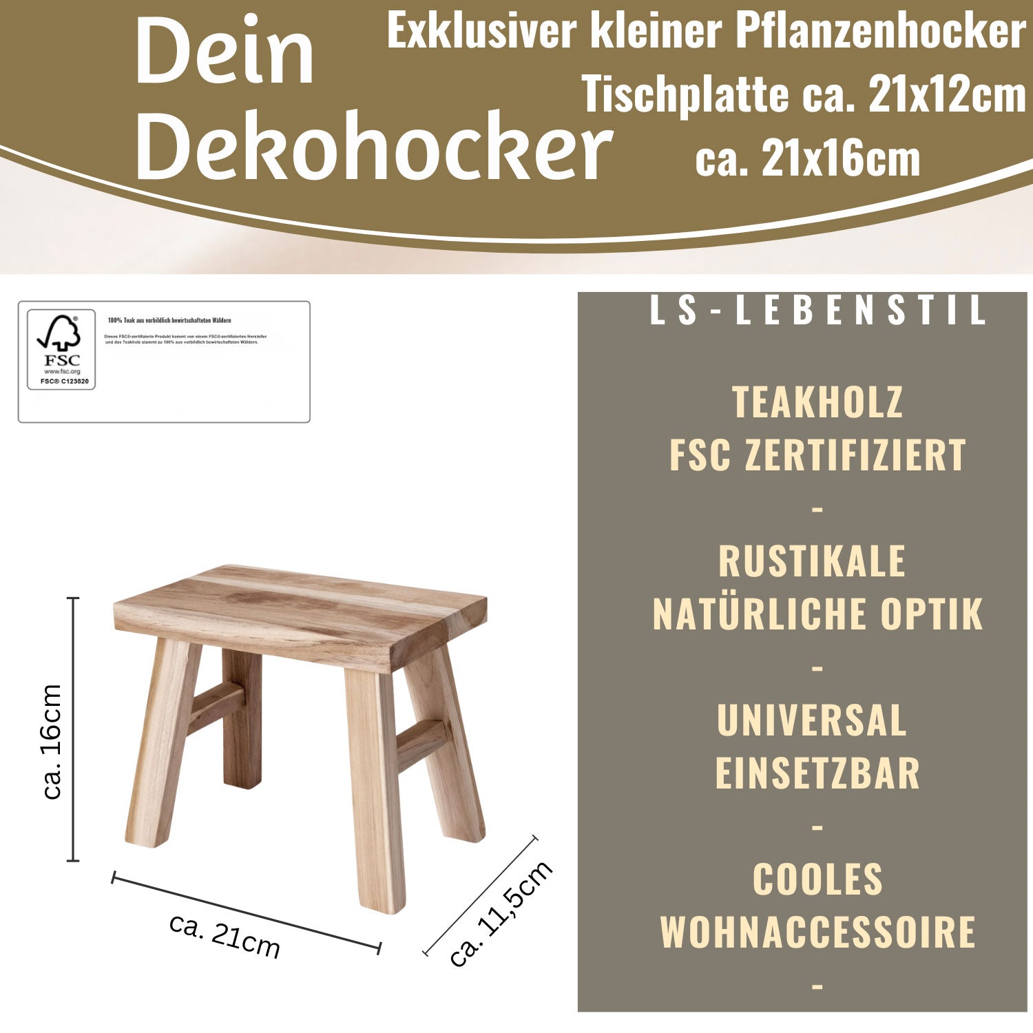 LS-LebenStil Pflanzenhocker Teak 21x16cm Mini-Tisch