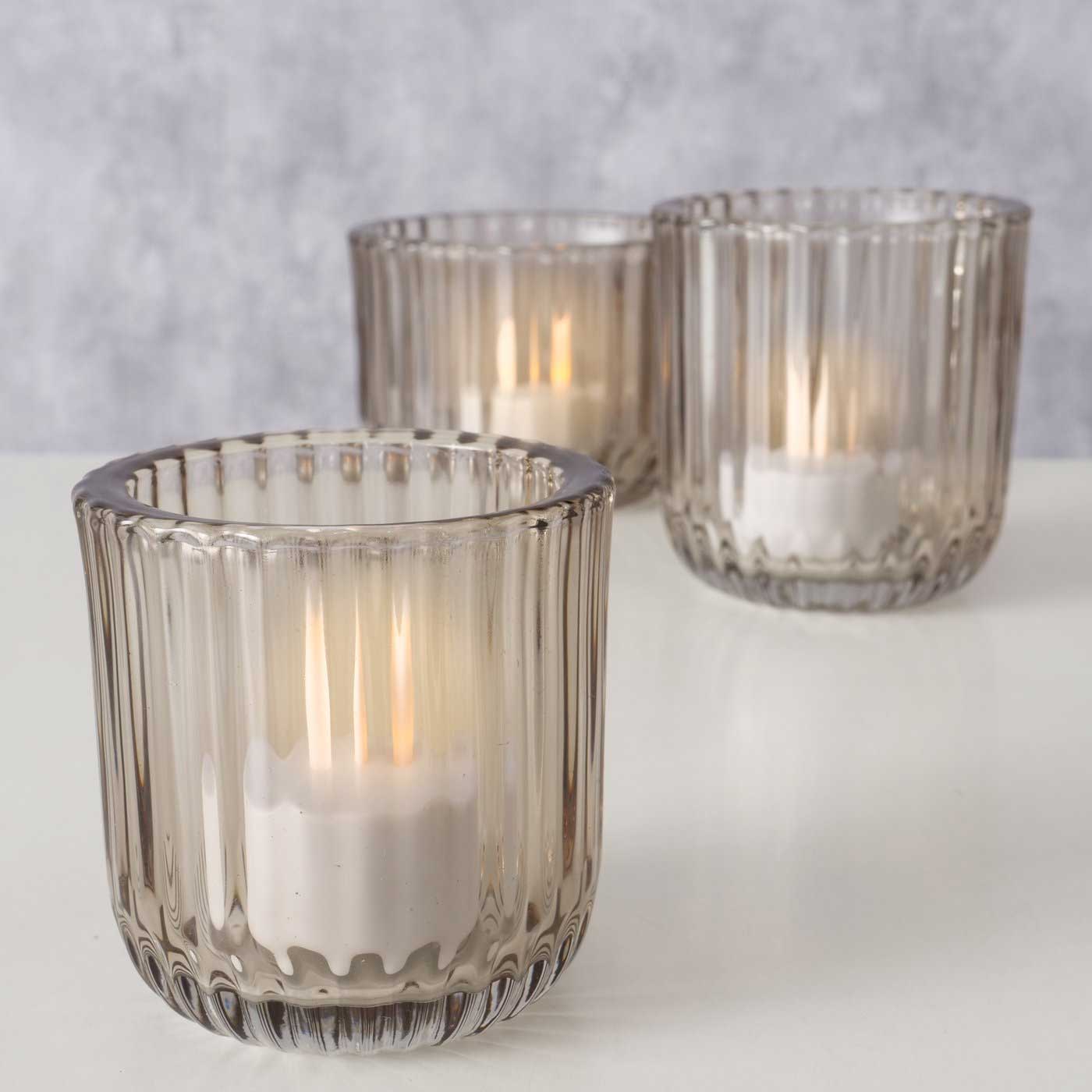 LS-LebenStil Teelichthalter Glas Retro Beige 3er Set 7-9cm