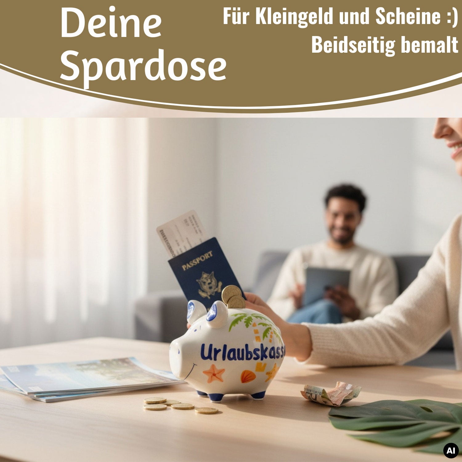 LS-LebenStil Sparschwein Urlaubskasse Keramik weiß-blau