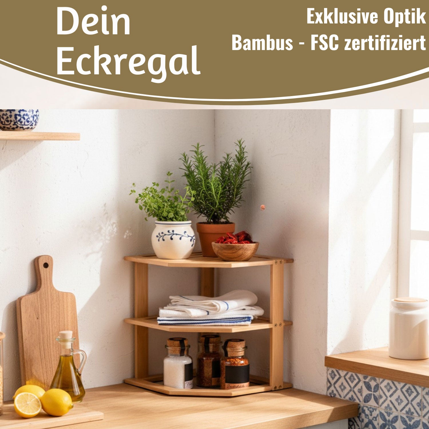 LS-LebenStil Küche & Haushalt Eckregal Bambus 27x25cm 3 Ablagen